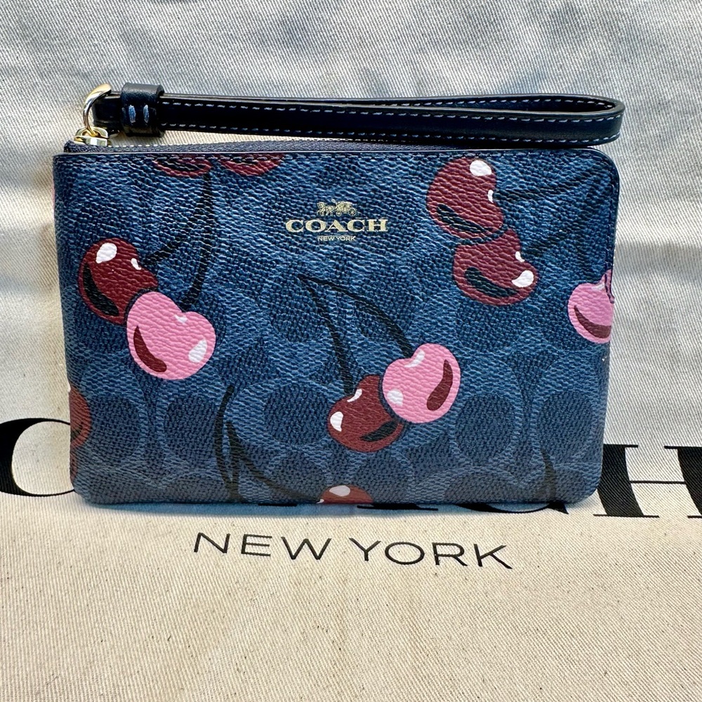 Coach Denim Cherry Print Wristlet